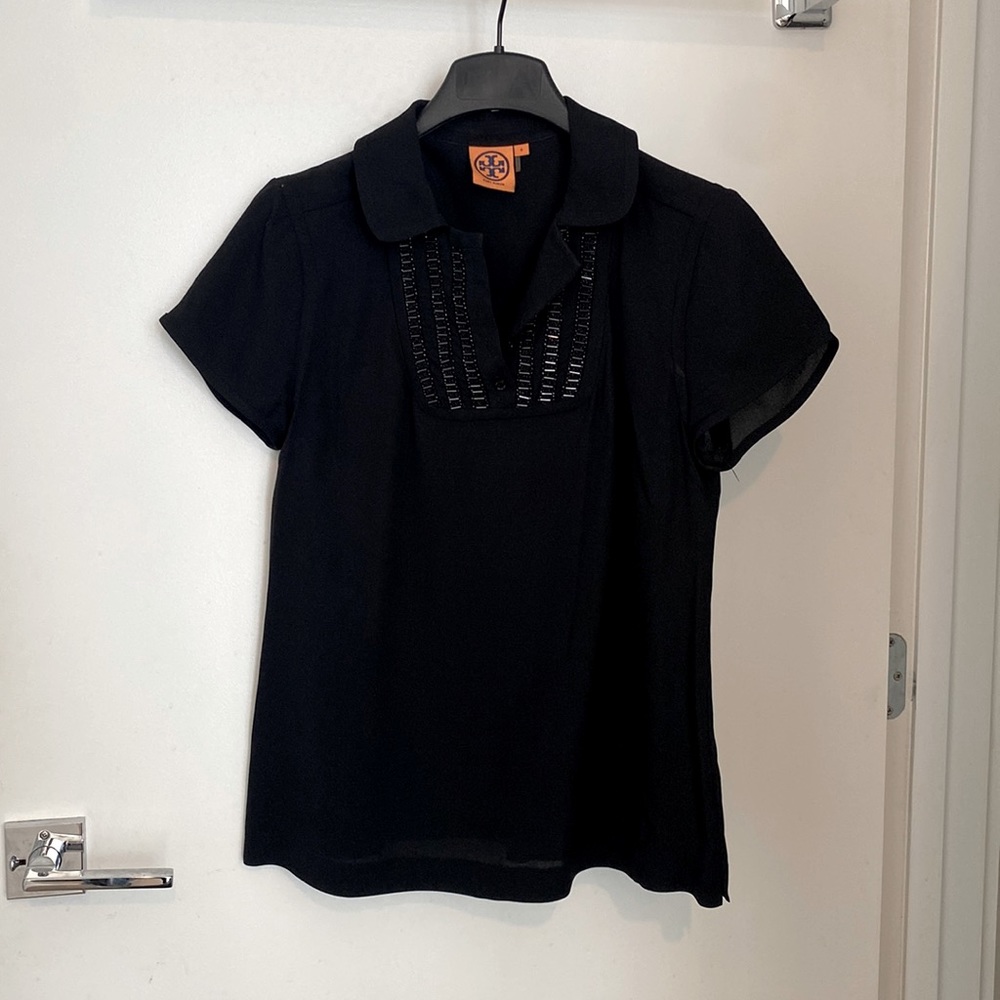 Tory Burch Short Sleeve Collared Shirt with Beaded Detail